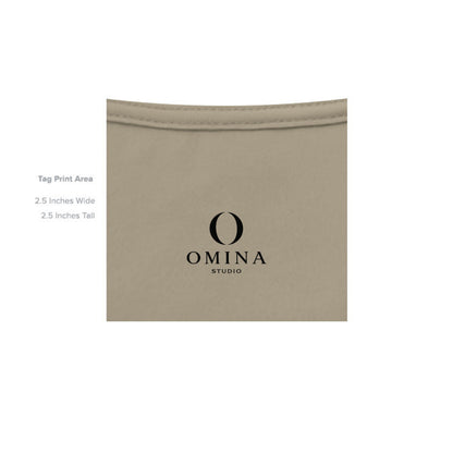 Omina Studio heavyweight cotton t-shirt interior neck label print area in beige with black logo branding