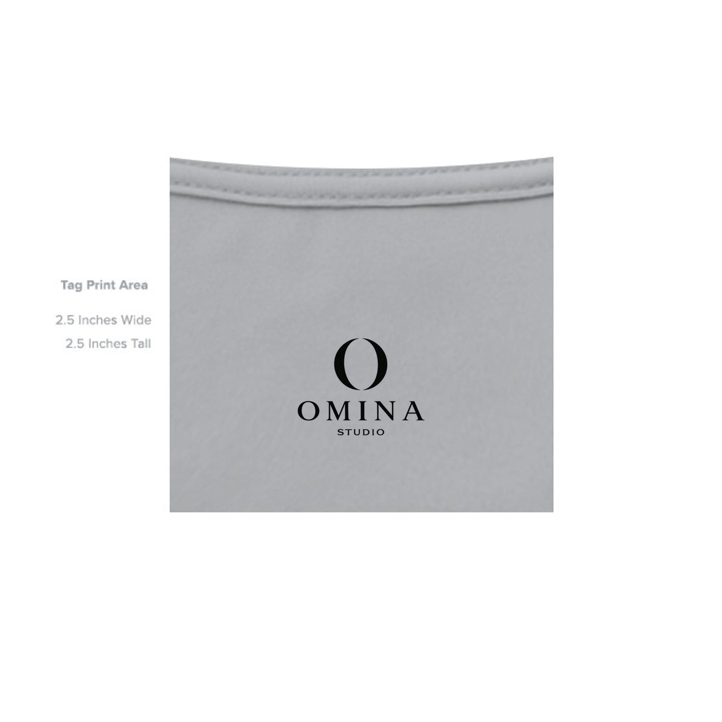 Omina Studio branded grey t-shirt inner neck label print area detail
