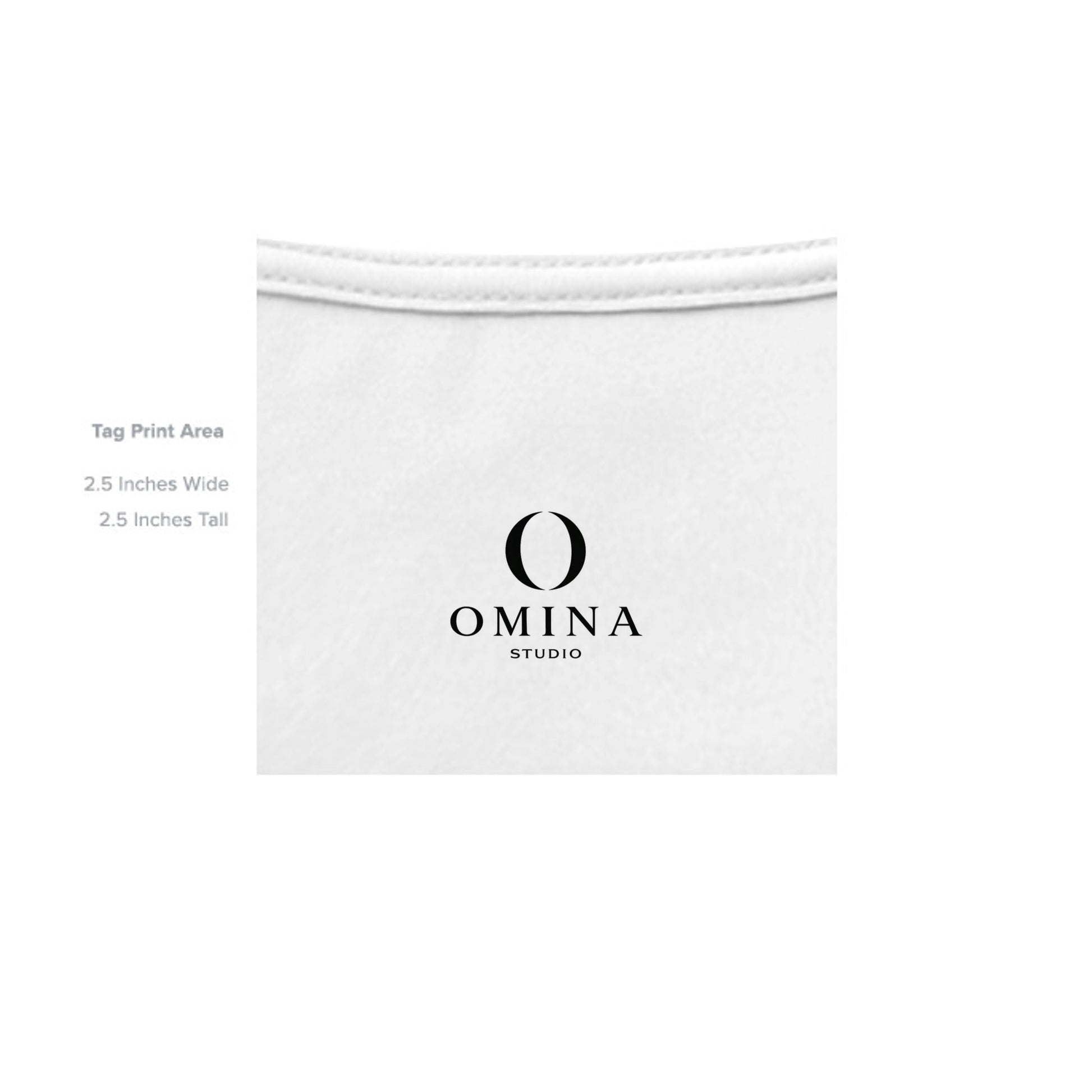 Omina Studio branded neck label print area on a white heavyweight cotton t-shirt