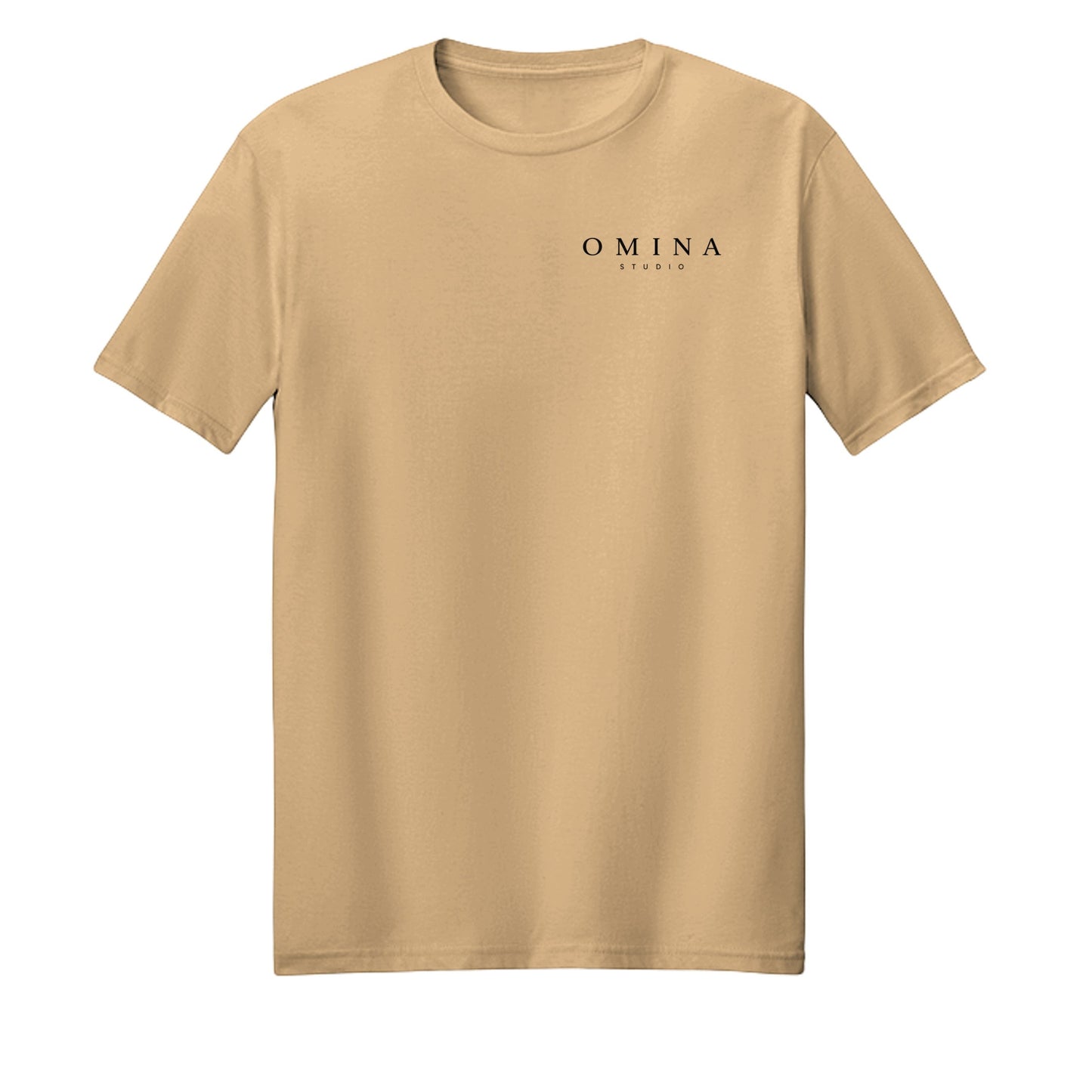 Omina Studio tan heavyweight cotton t-shirt with small black logo on chest. Relaxed fit, vintage aesthetic.