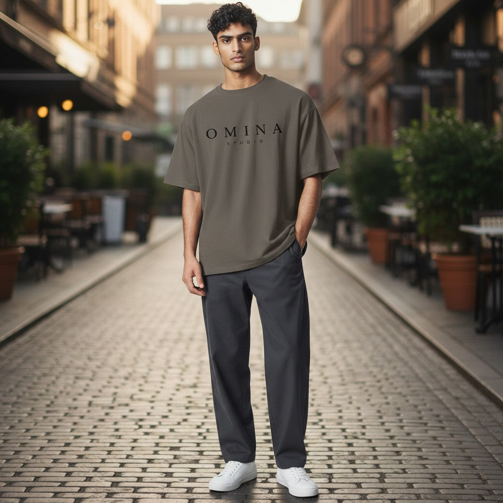 Omina Studio heavyweight t-shirt in taupe, made from 100% USA combed ring-spun cotton with a relaxed fit and dropped shoulder.