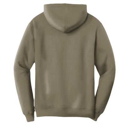 Omina Studio taupe pigment-dyed cotton blend hoodie sweatshirt with relaxed fit and front pouch pocket.