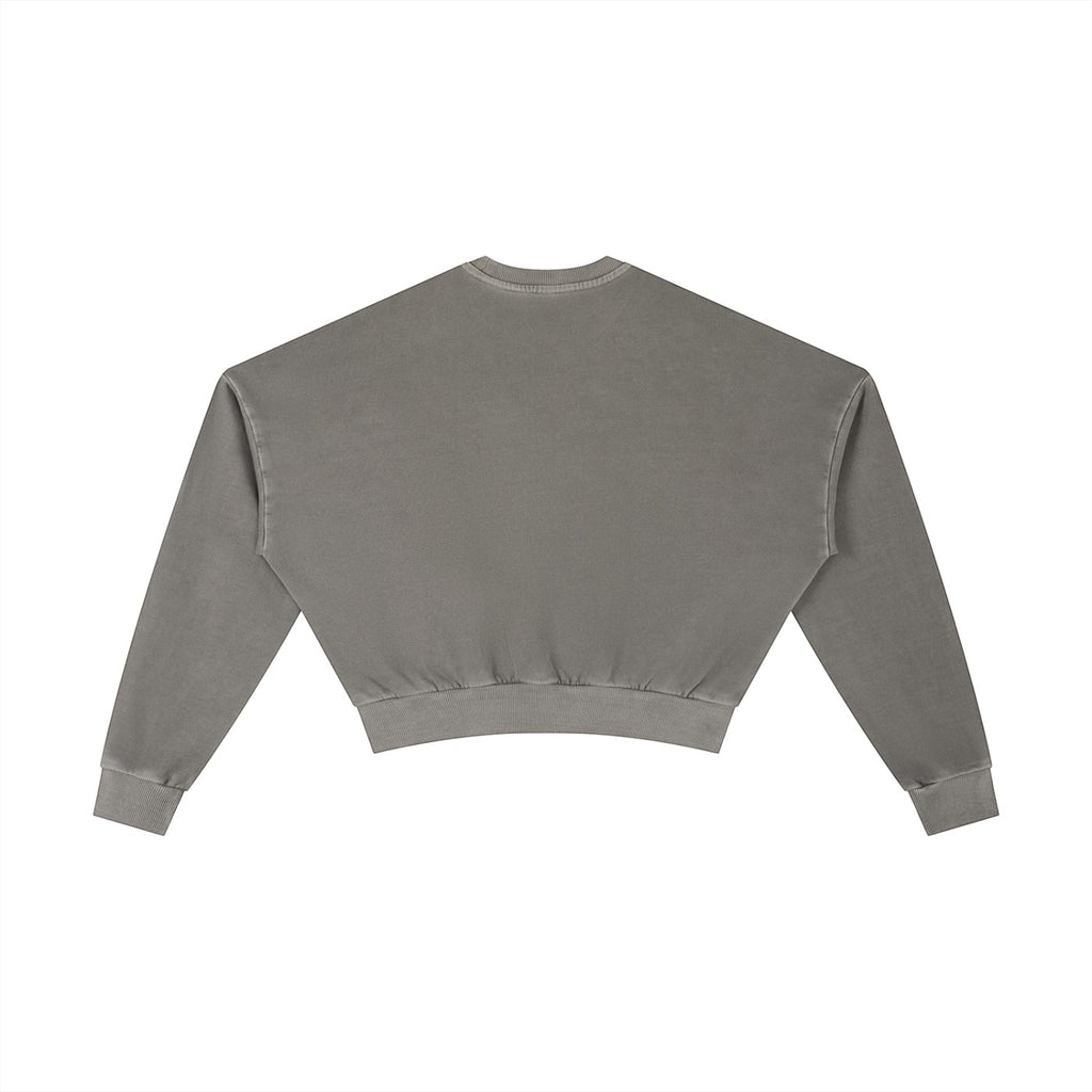 OMINA Studio vintage washed grey cropped sweatshirt with drop shoulders and ribbed cuffs and hem.