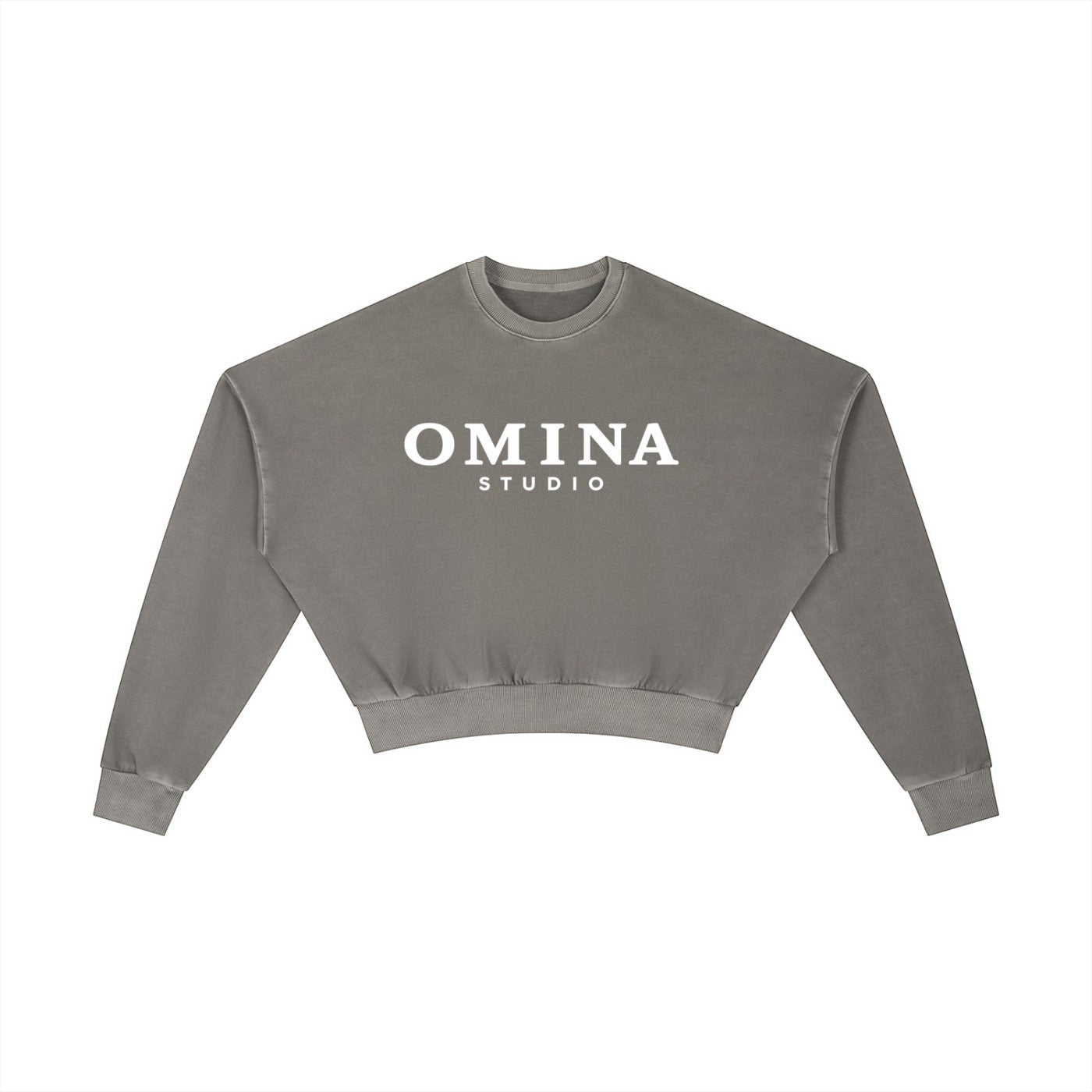 OMINA Studio vintage washed grey cropped sweatshirt with oversized fit and white logo.