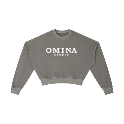 OMINA Studio vintage washed grey cropped sweatshirt with oversized fit and white logo.