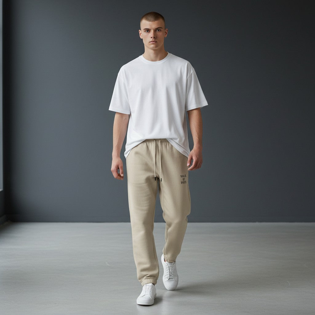 Omina Studio beige cotton sweatpants with "WALK BY FAITH" embroidered on the left thigh. Features elastic waistband, drawstring, and tapered legs.