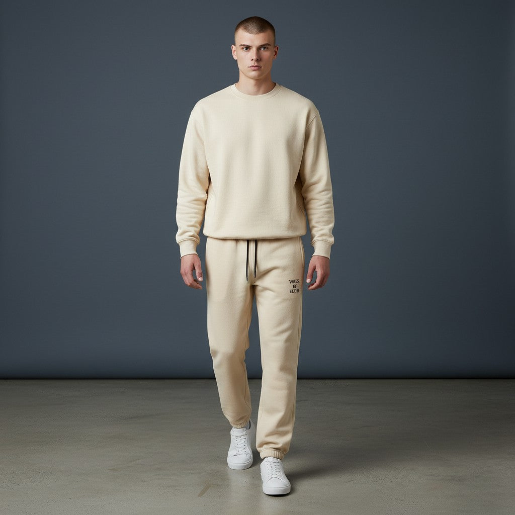 Omina Studio Walk By Faith sweatpants in cream, made from heavyweight combed cotton with a tapered fit and drawstring.