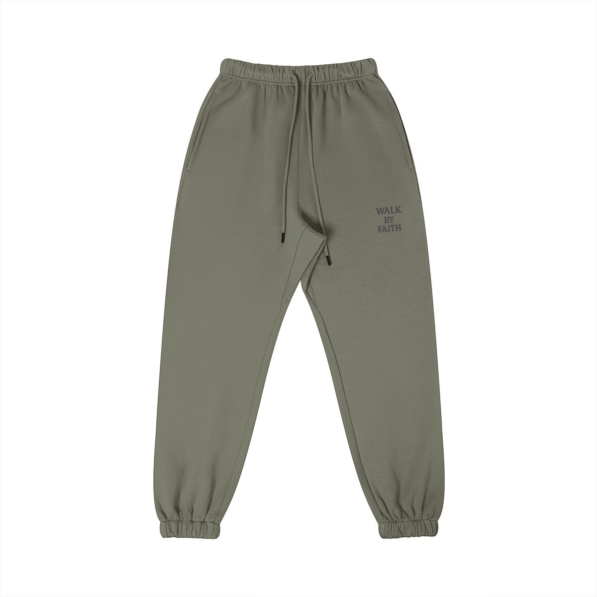 Omina Studio olive green cotton sweatpants with 'Walk By Faith' graphic, elastic waistband, and tapered fit.