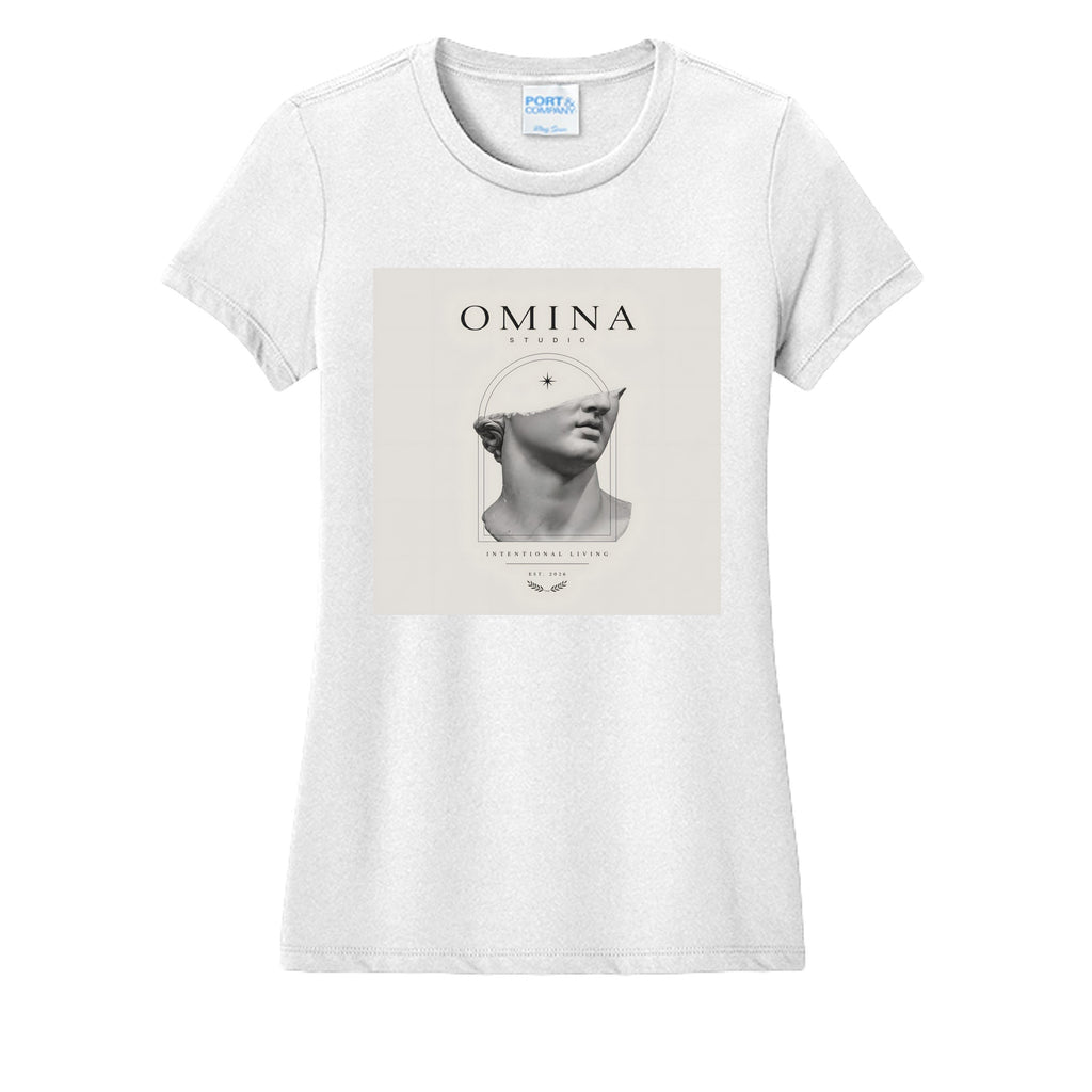 OMINA Studio white cotton t-shirt with a graphic of a broken marble bust and "OMINA STUDIO INTENTIONAL LIVING" text.