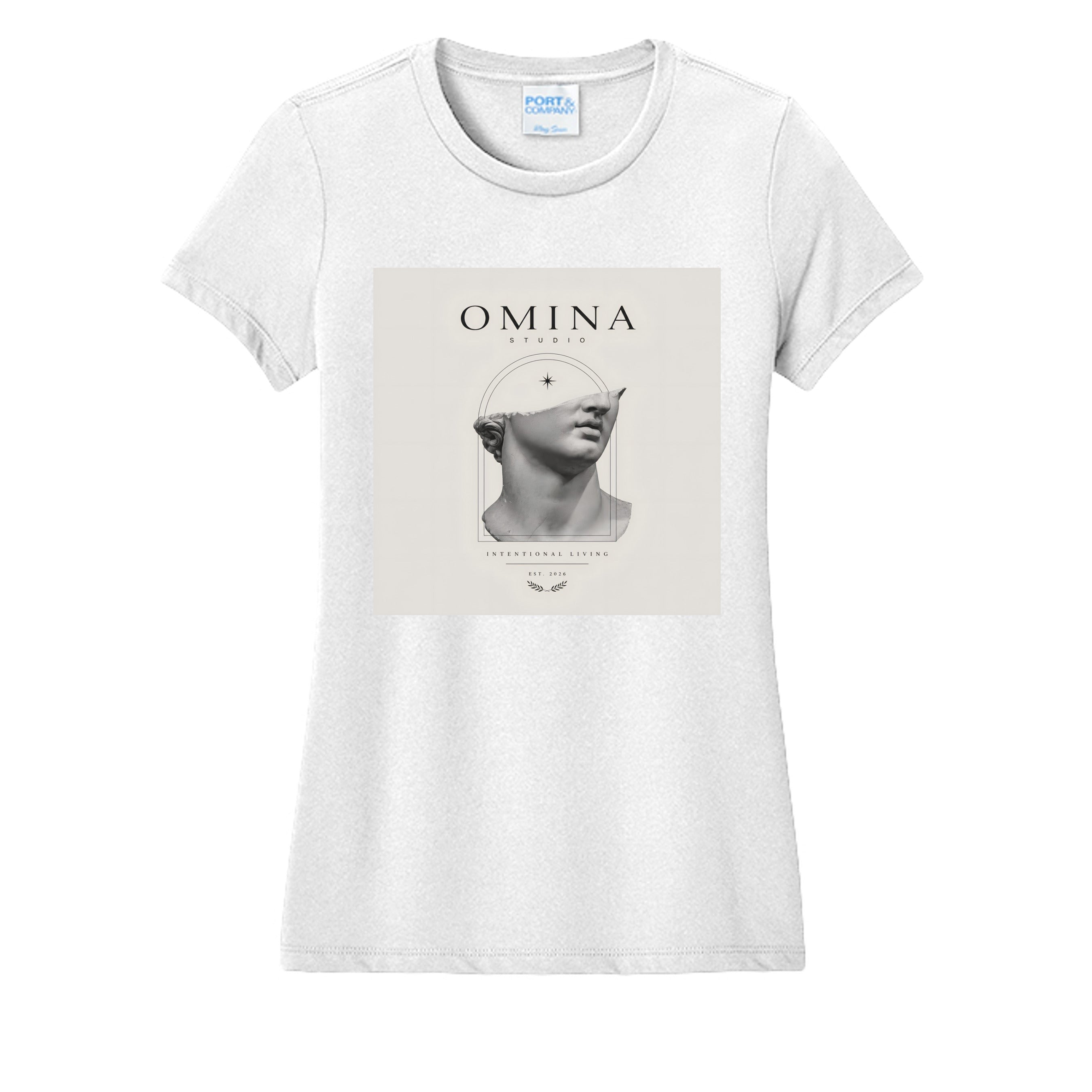 OMINA Studio white cotton t-shirt with a graphic of a broken marble bust and "OMINA STUDIO INTENTIONAL LIVING" text.