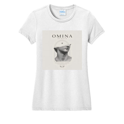 OMINA Studio white cotton t-shirt with a graphic of a broken marble bust and "OMINA STUDIO INTENTIONAL LIVING" text.