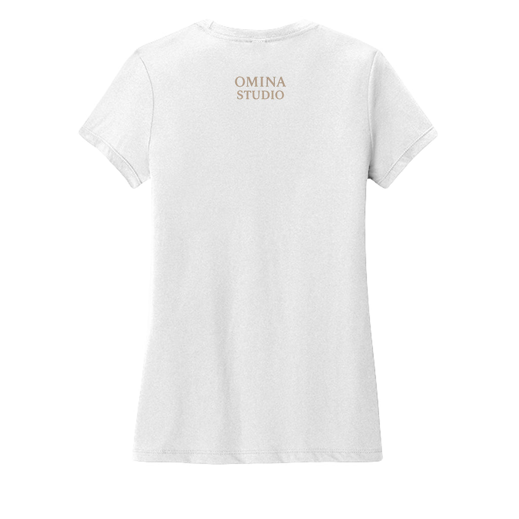 OMINA Studio white premium cotton t-shirt with crew neck and short sleeves, featuring a subtle logo on the back.