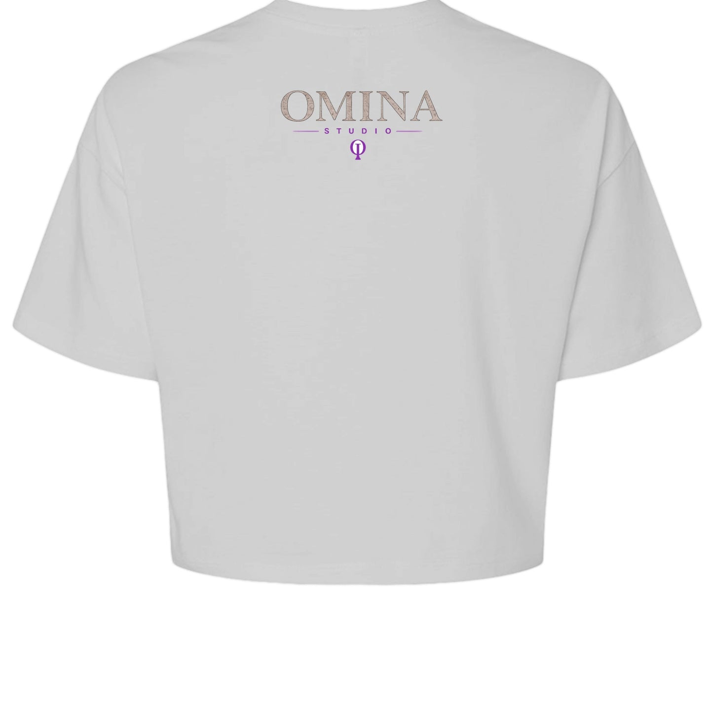 Omina Studio white cropped heavyweight tee with "OMINA STUDIO" logo and purple symbol on back.