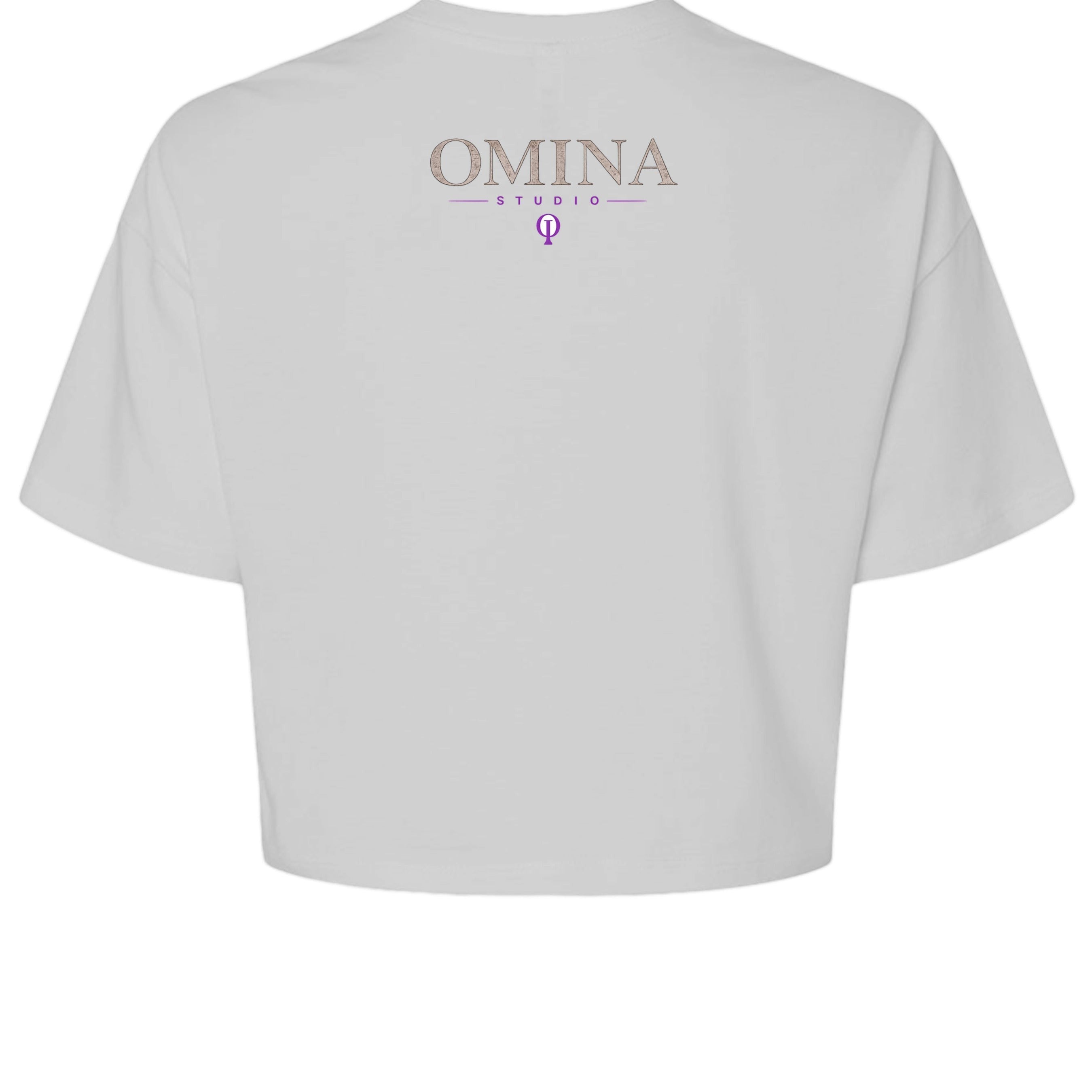 Omina Studio white cropped heavyweight tee with "OMINA STUDIO" logo and purple symbol on back.