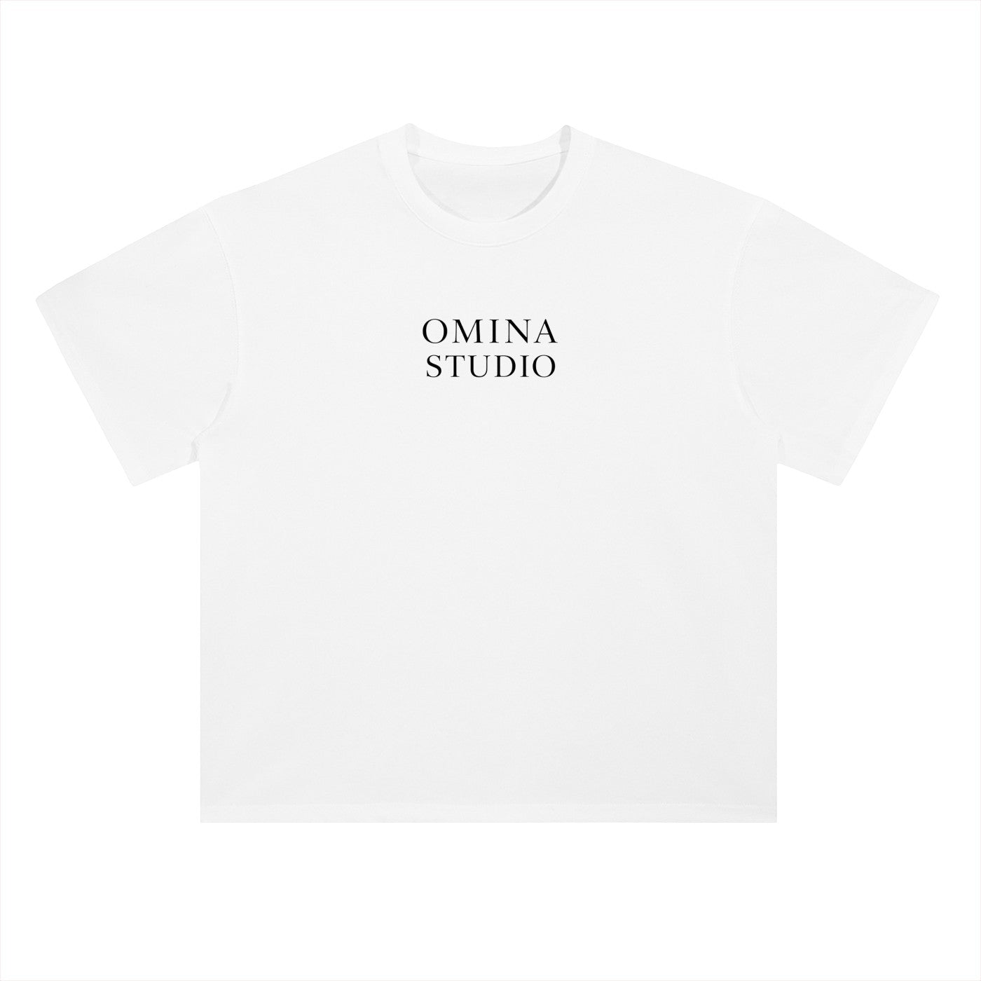 OMINA Studio white heavyweight cotton t-shirt with drop shoulders and crew neck, featuring a small black logo on the chest.