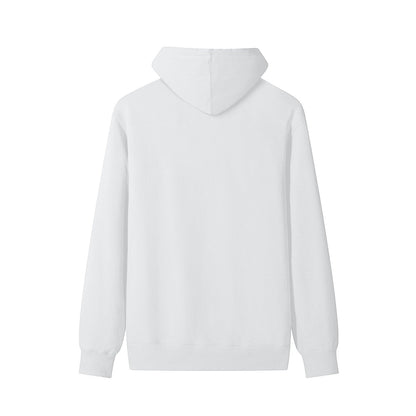 Omina Studio white heavyweight long sleeve hoodie with double-layer hood and ribbed cuffs.