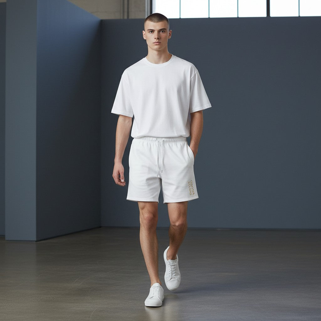 Omina Studio white heavyweight French terry cotton shorts with drawstring and gold logo detail.