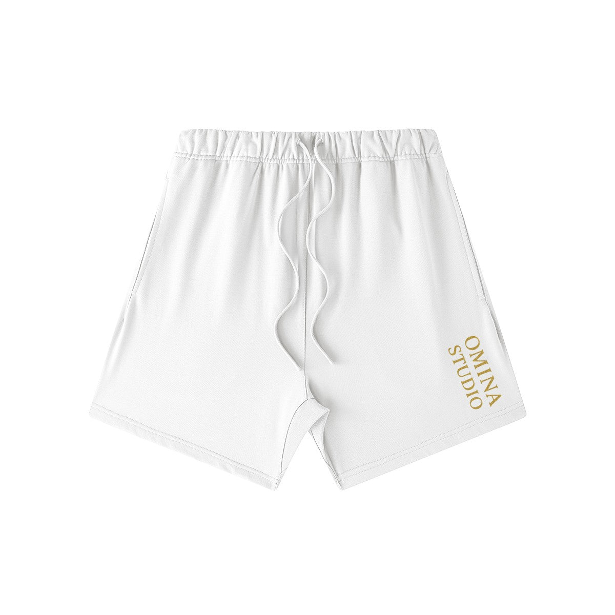 Omina Studio white heavyweight cotton French terry shorts with drawstring and gold logo detail.