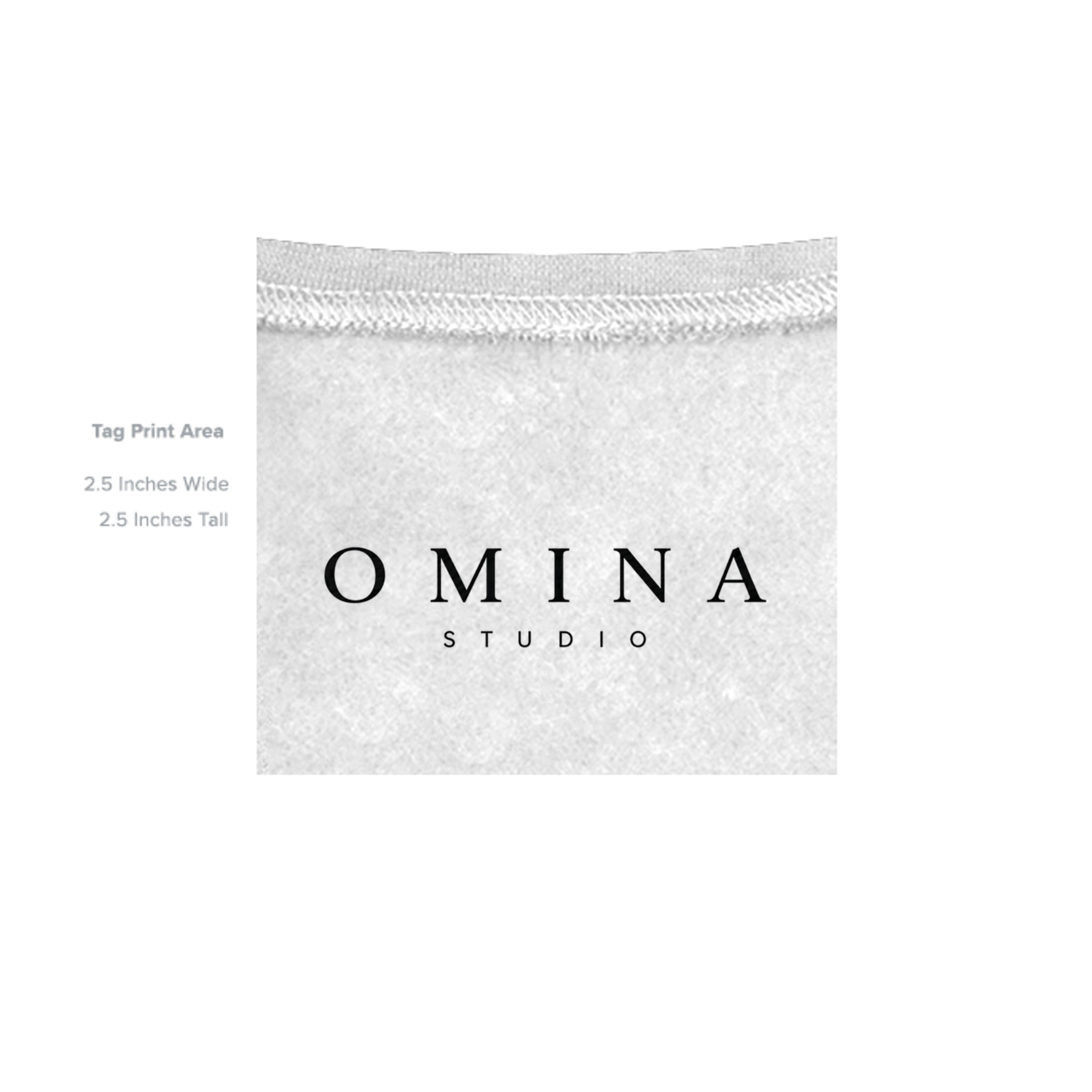 OMINA Studio white cotton-blend hoodie with minimalist logo graphic on chest and subtle sleeve text.