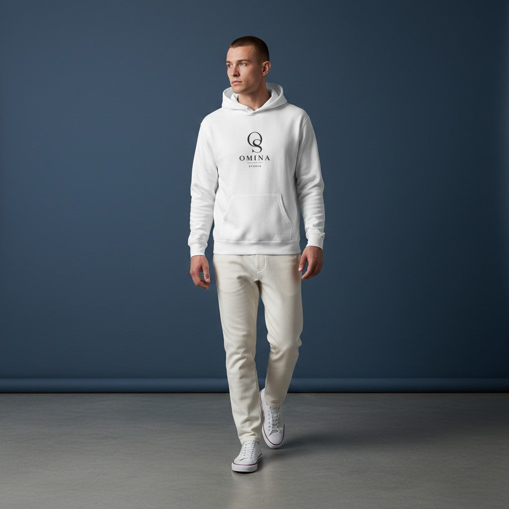 OMINA Studio white cotton-polyester blend hoodie with minimalist logo graphic on chest and kangaroo pocket.