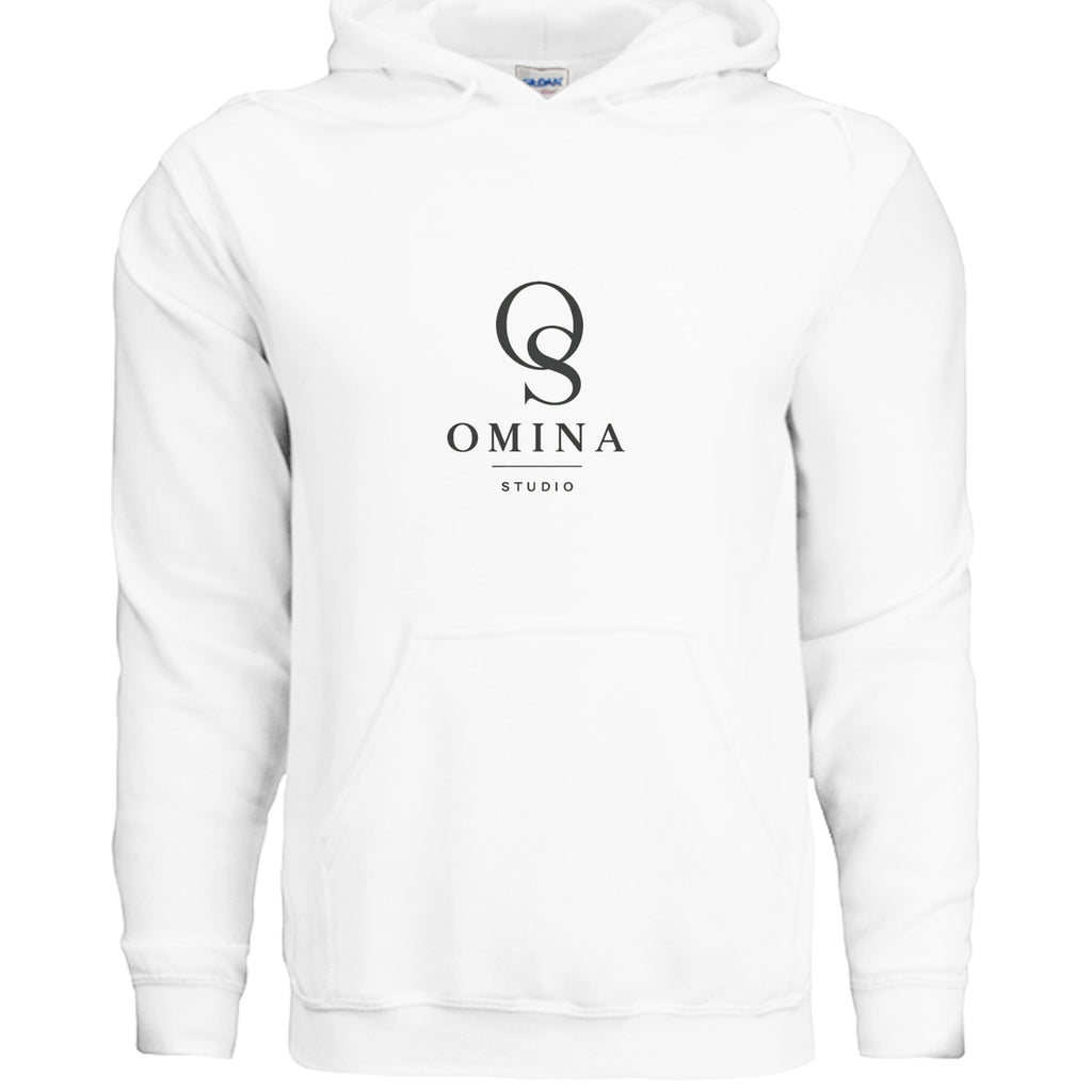 OMINA Studio white cotton-polyester blend hoodie with minimalist logo graphic on chest.