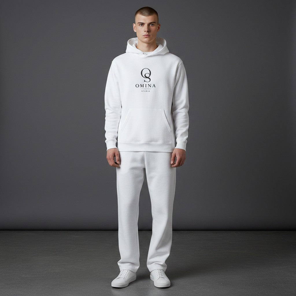 OMINA Studio white cotton-blend hoodie with minimalist logo graphic on chest and sleeve text.