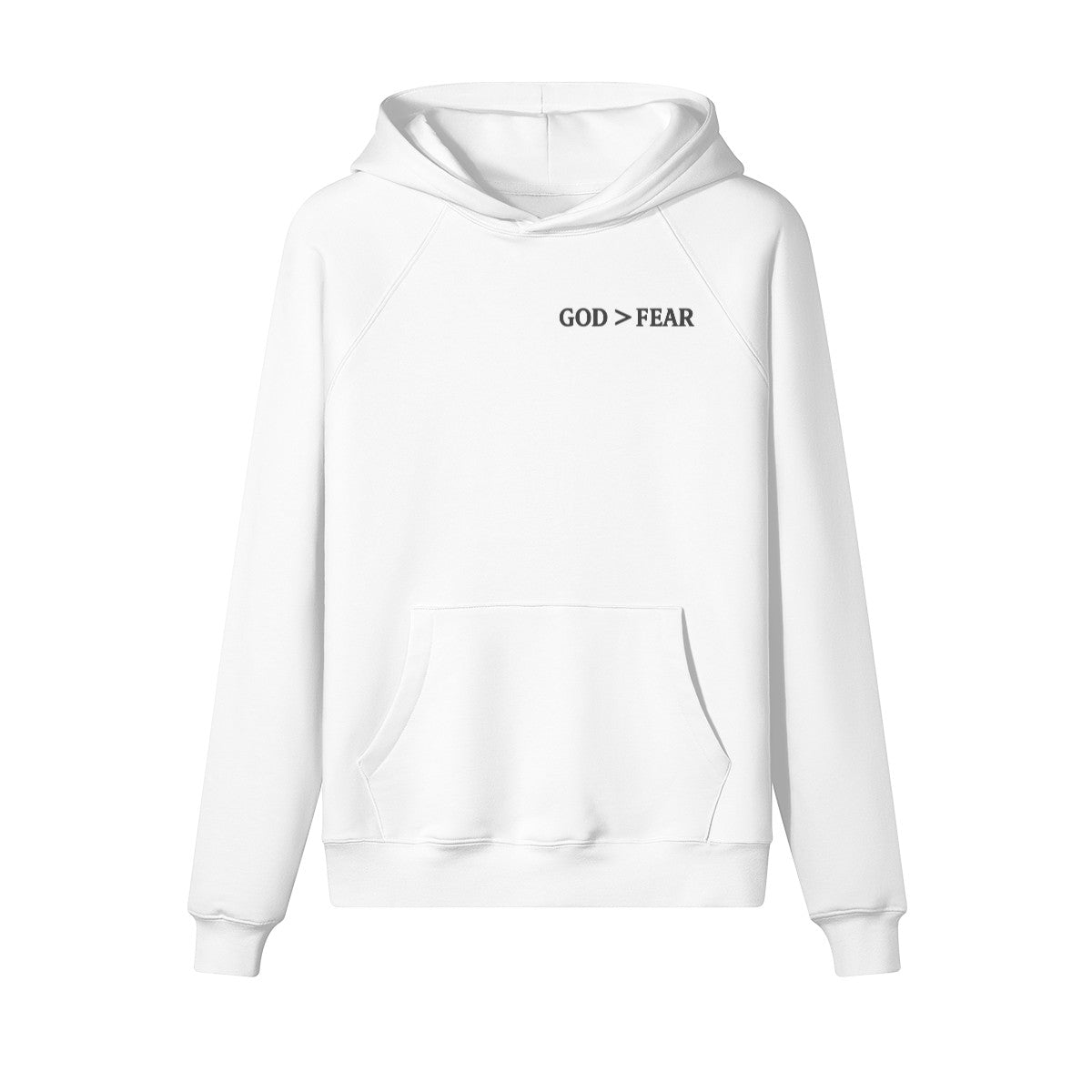 Omina Studio white pullover hoodie with "GOD > FEAR" graphic, kangaroo pocket, and raglan sleeves.