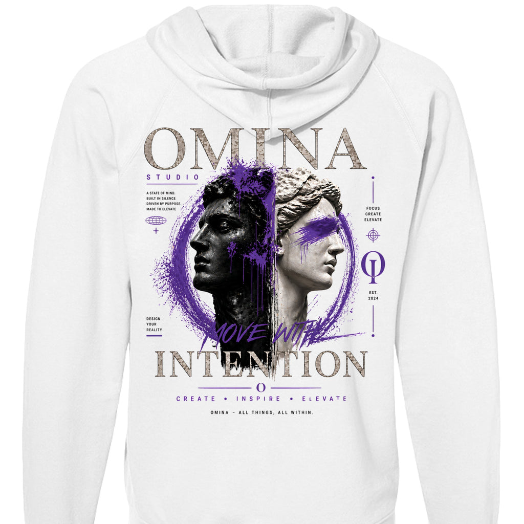 Omina Studio white lightweight loopback terry zip hoodie with graphic print of split busts and purple paint splatter.