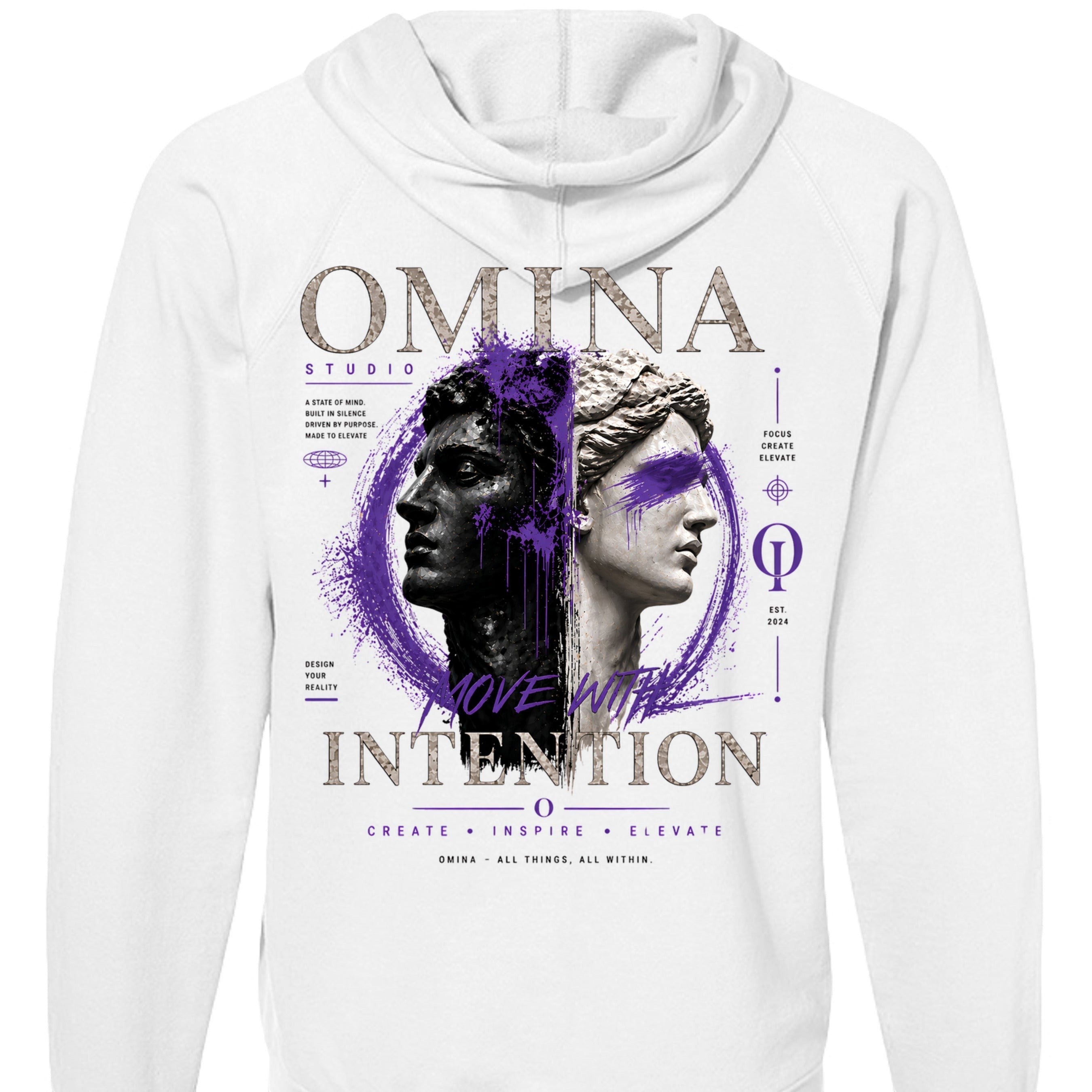 Omina Studio white lightweight loopback terry zip hoodie with graphic print of split busts and purple paint splatter.