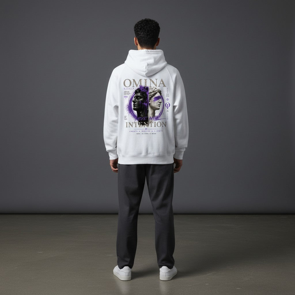 Omina Studio white lightweight loopback terry zip hoodie with graphic print of split busts and purple paint splatter.