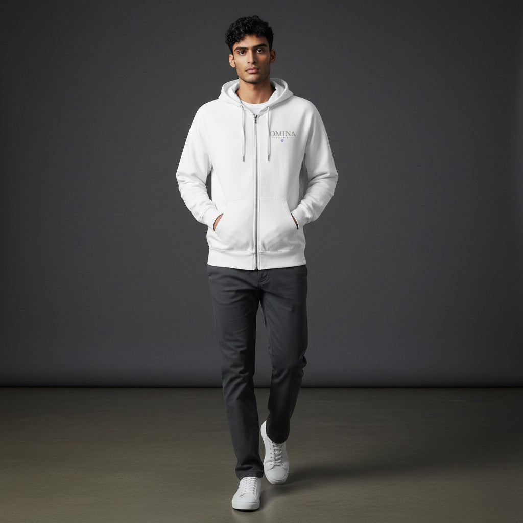 OMINA Studio white lightweight loopback terry zip-up hoodie with relaxed fit and subtle front logo.