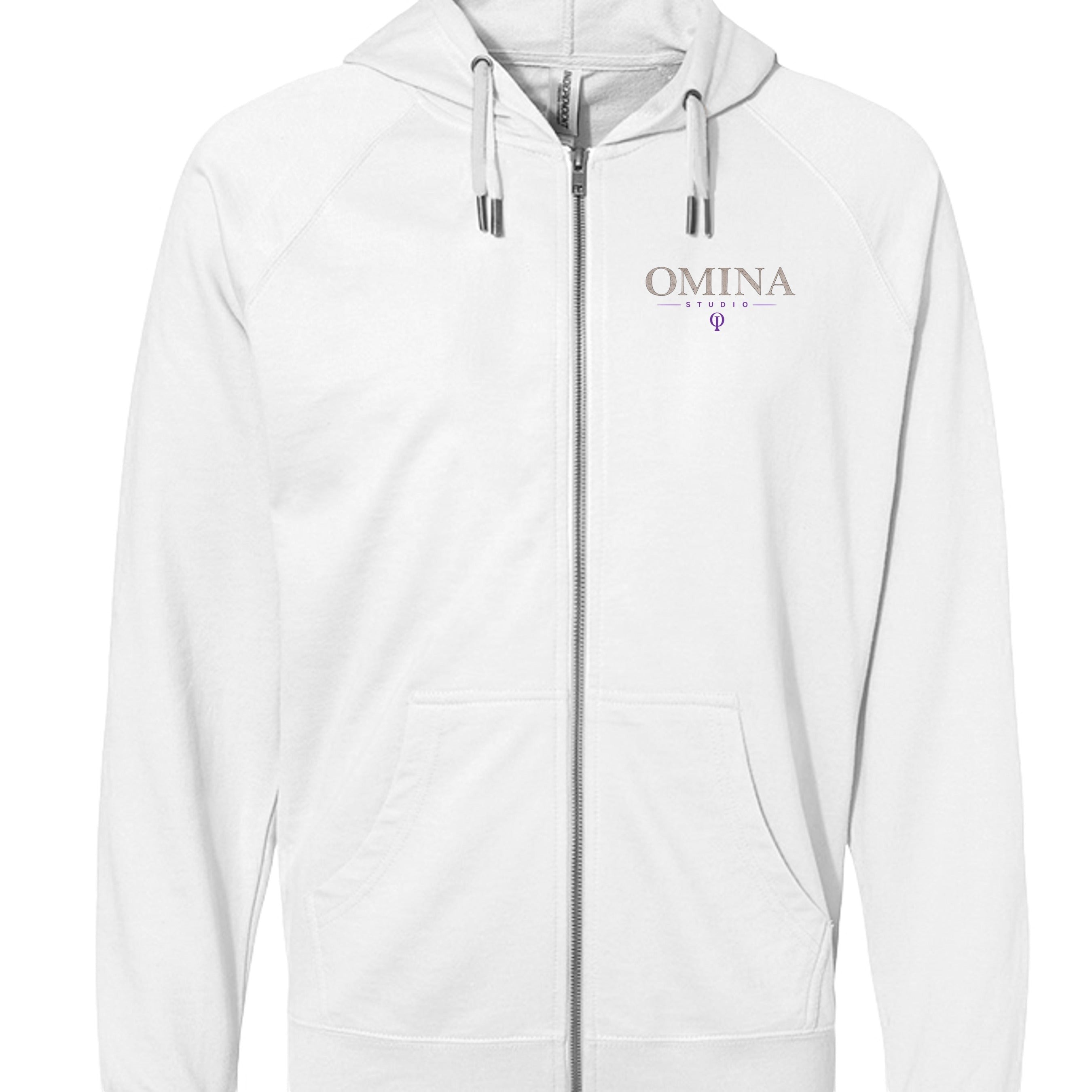 OMINA Studio white lightweight loopback terry zip-up hoodie with relaxed fit and subtle front logo.