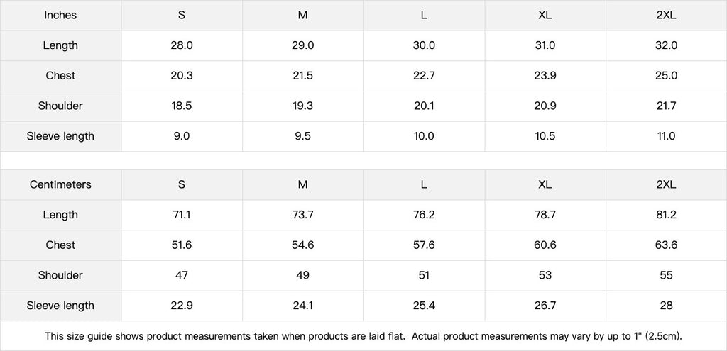 Omina size chart for Move With Purpose T-Shirt, showing measurements in inches and centimeters for sizes S-2XL.