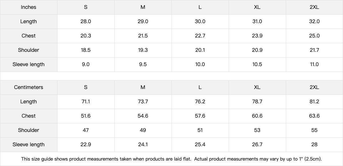 Omina size chart for Move With Purpose T-Shirt, showing measurements in inches and centimeters for sizes S-2XL.