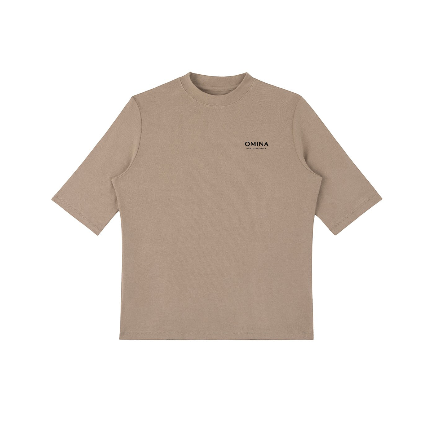 Omina taupe viscose and spandex blend mock neck short sleeve t-shirt with a slim fit and subtle logo detail.