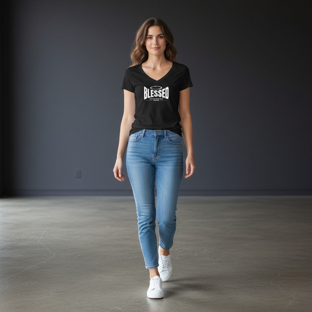 A woman wearing an Omina black Tencel slim fit V-neck T-shirt with a white graphic, paired with blue jeans and sneakers.
