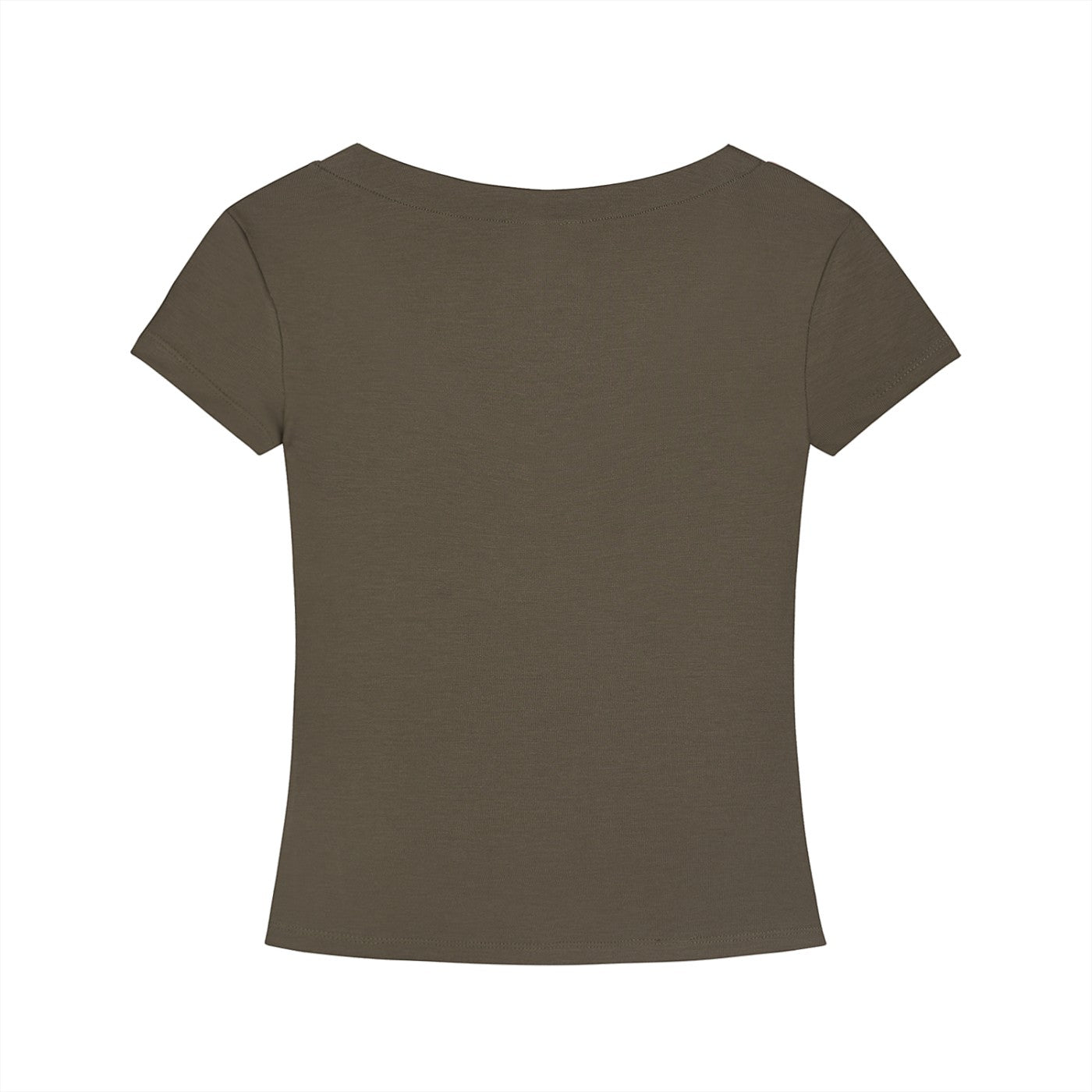 Back view of Omina Essentials slim fit T-shirt in olive green Tencel fabric with short sleeves.