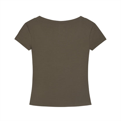 Back view of Omina Essentials slim fit T-shirt in olive green Tencel fabric with short sleeves.
