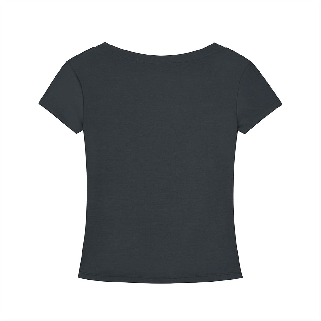 Back view of Omina Essentials charcoal grey Tencel slim fit V-neck T-shirt with short sleeves.