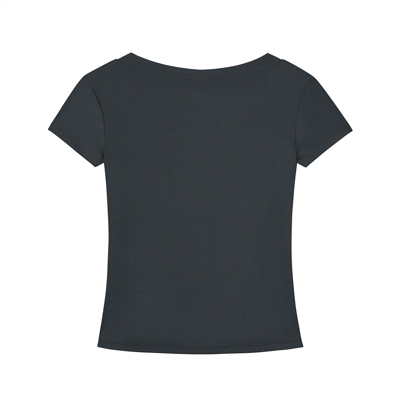 Back view of Omina Essentials charcoal grey Tencel slim fit V-neck T-shirt with short sleeves.