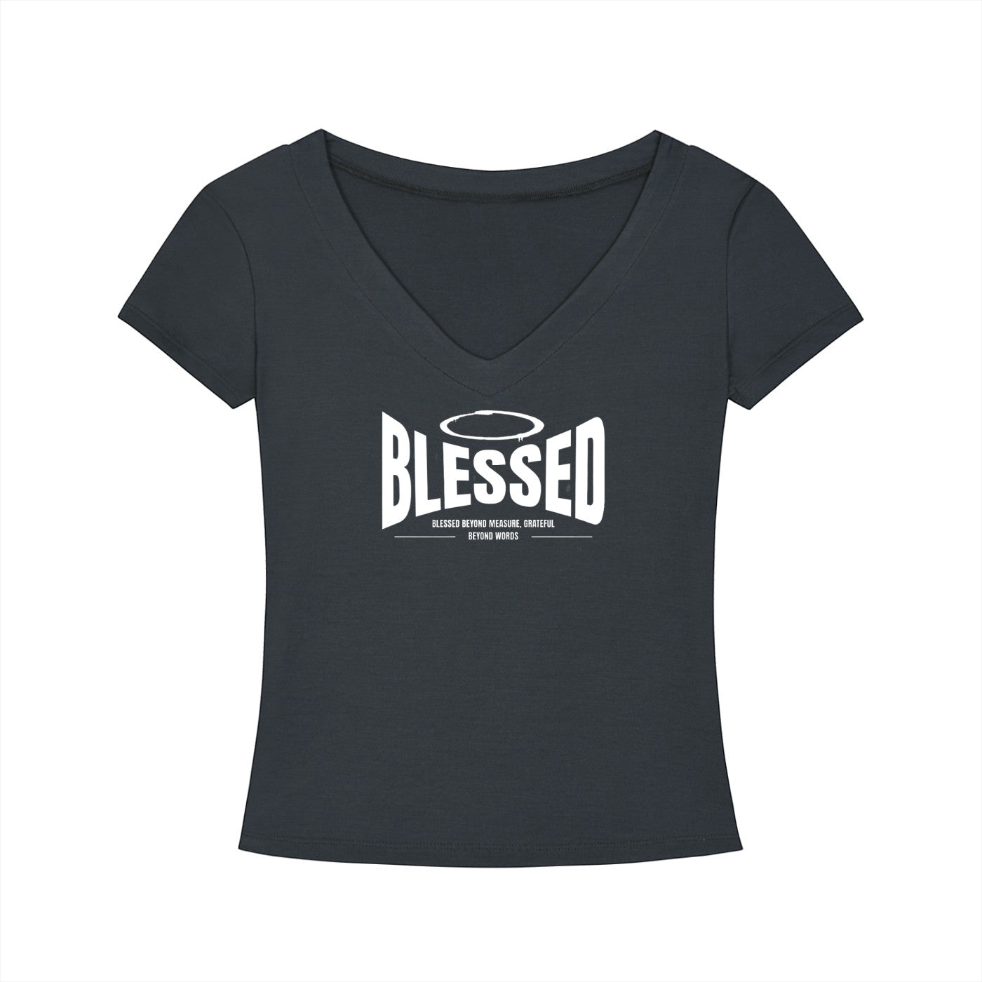 Omina charcoal slim fit V-neck T-shirt in soft Tencel fabric featuring a white Blessed graphic print on the chest.