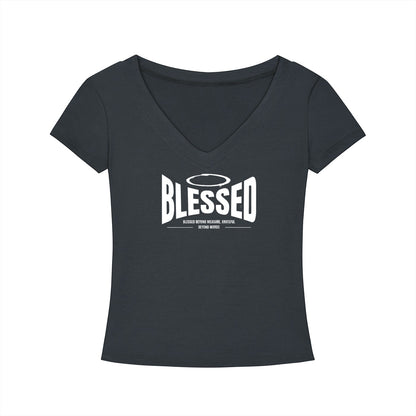 Omina charcoal slim fit V-neck T-shirt in soft Tencel fabric featuring a white Blessed graphic print on the chest.