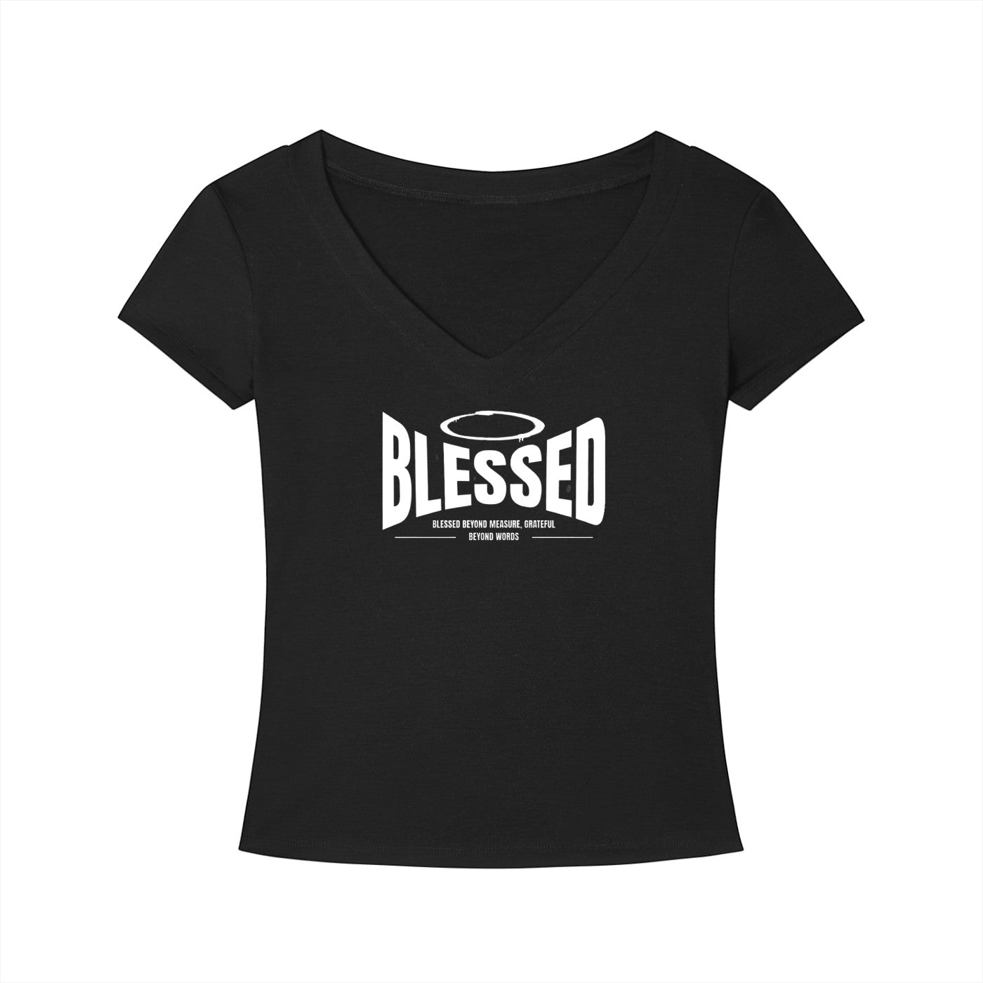 Omina black Tencel slim fit V-neck t-shirt with white BLESSED graphic print on the chest.
