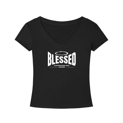 Omina black Tencel slim fit V-neck t-shirt with white BLESSED graphic print on the chest.