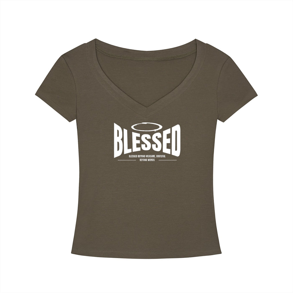 Omina Essentials olive green Tencel slim fit V-neck t-shirt with white Blessed graphic print on the chest.