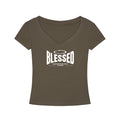 Omina Essentials olive green Tencel slim fit V-neck t-shirt with white Blessed graphic print on the chest.