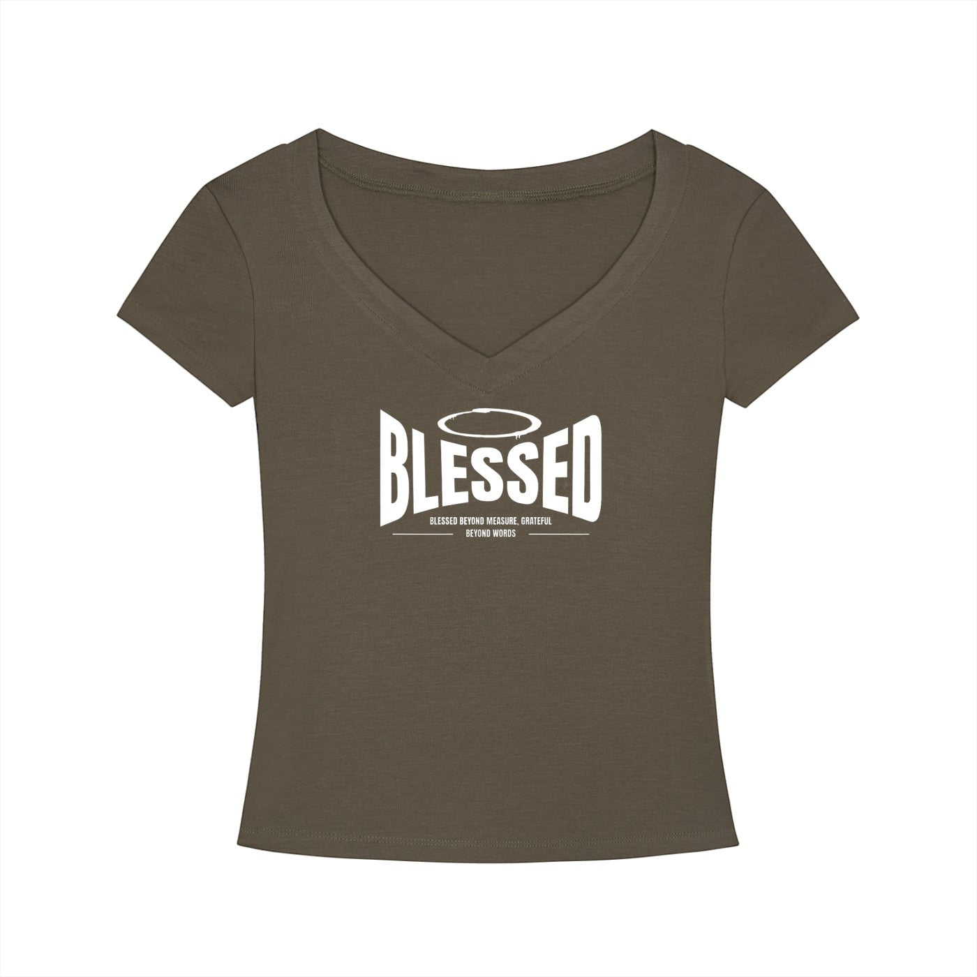 Omina Essentials olive green Tencel slim fit V-neck t-shirt with white Blessed graphic print on the chest.