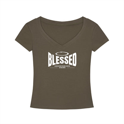 Omina Essentials olive green Tencel slim fit V-neck t-shirt with white Blessed graphic print on the chest.