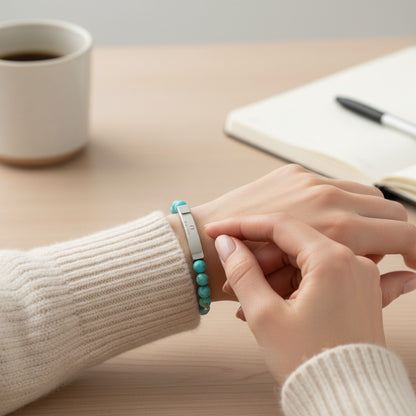 Omina turquoise natural stone stretch bracelet with a polished stainless steel engraved bar on a woman's wrist.