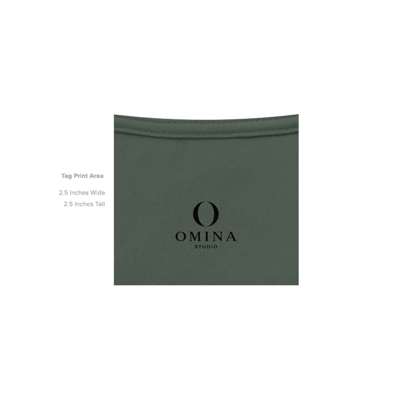 Omina Studio O Urban T-Shirt in olive green cotton with a black O logo print on the inner neck tag area